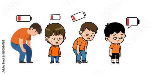 Cartoon people characters show low energy icons