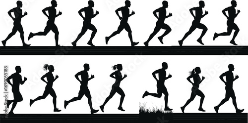 Running silhouette, jogging man and woman vector, fitness exercise, marathon training, athletic lifestyle, workout clipart, outdoor sports illustration