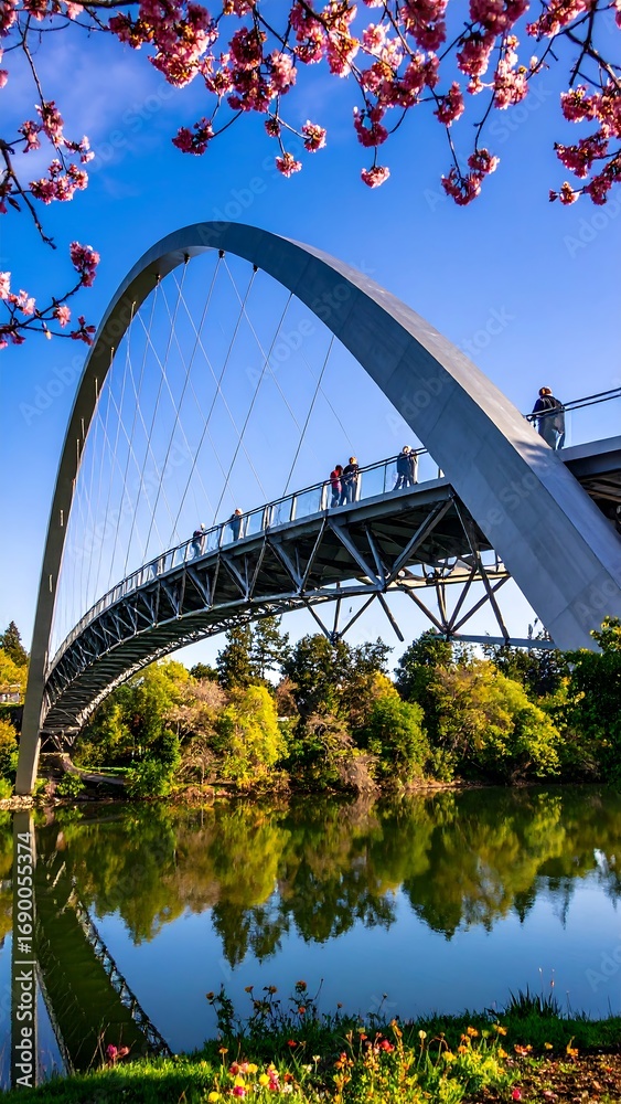 Fototapeta premium Modern arch bridge over river, cherry blossoms