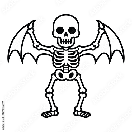 Cute Halloween Skeleton with Bat Wings Line Art Cartoon Character.