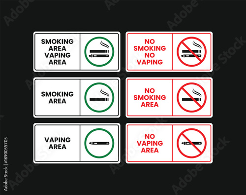 A set of smoking and vaping signs. This vector bundle includes "Smoking Area," "Vaping Area," "No Smoking Area," and "No Vaping Area" icons. The set features clear, bold typography easy-to-understand