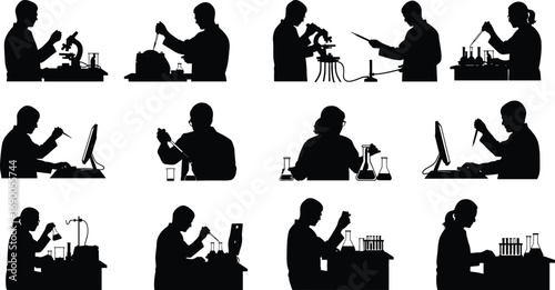 Scientist silhouettes in laboratory working with microscope, computer, test tubes, flasks, pipettes, chemical experiments, research science, medical lab illustration
