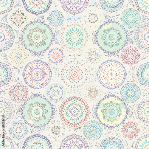 Ornate pastel mandala pattern background with intricate details and soft colors, patern seamless, royalty stock.