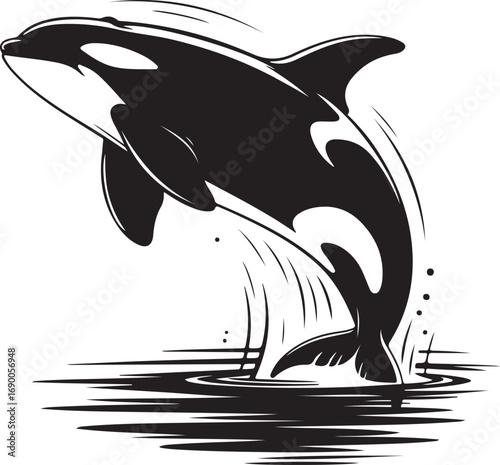 Black vector silhouette of a dolphin jumping out of the ocean water
