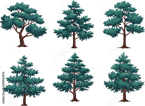 Collection of cartoon deciduous trees, natural forest elements, detailed hand-drawn tree illustrations for landscape design, nature, botanical, outdoor art