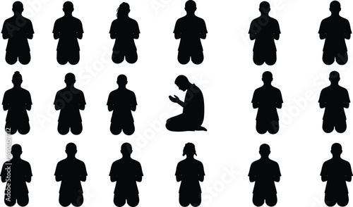 Silhouette of people praying on knees, worship, faith, devotion, meditation, spirituality, religion, holy prayer, community, peaceful worship illustration