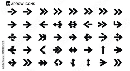 A collection of forty black solid arrow icons pointing in various directions, isolated on a white background.