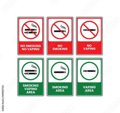 A set of smoking and vaping signs for designated and non-designated areas. The bundle includes "No Smoking," "No Vaping," "Smoking Area," and "Vaping Area" icons, with clear, bold text and symbols
