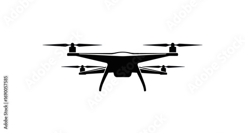 Black silhouette icon of a modern quadcopter drone with four propellers, viewed from the front.