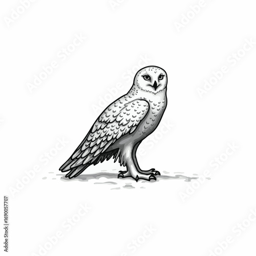 A little brown owl with large eyes perched on a branch, its feathers in clear focus against a white background