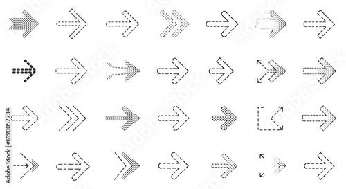 A diverse collection of right-pointing arrow icons in various grayscale styles, including solid, dotted, and outlined designs.