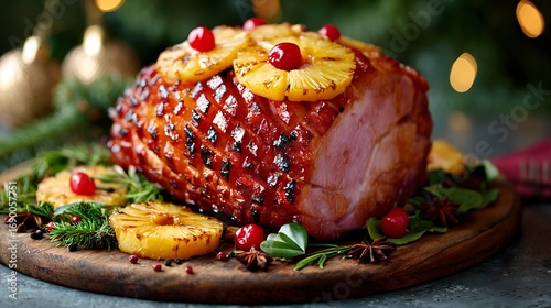 Festive christmas ham with pineapple and cherries on a wooden serving board