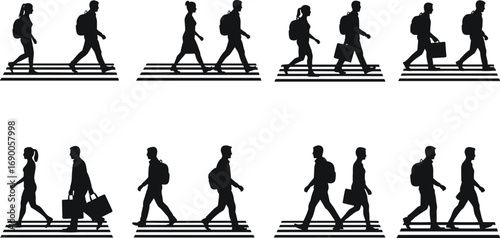 Silhouette people walking on crosswalk, pedestrian crossing vector, urban lifestyle illustration, city commuters, business travel, backpack, shopping bags, road safety