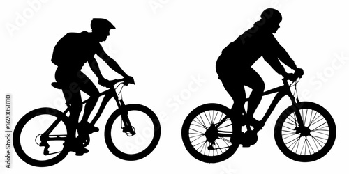 Two cyclists silhouetted riding mountain bikes with helmets and backpacks in a black and white image | editable eps vectors