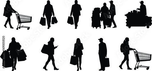 Silhouette shoppers walking, carrying bags, pushing carts, retail shopping illustration, marketplace scene, consumer lifestyle, store customers, urban commerce activity