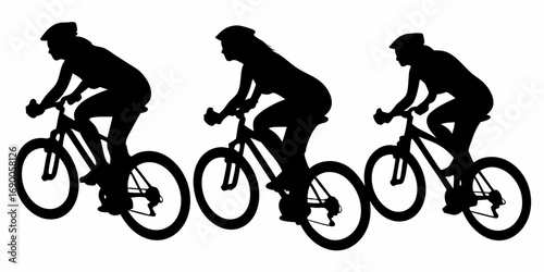 Three cyclists silhouetted riding bikes with helmets in a row on a white background outdoors in a group | editable eps vectors