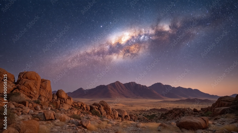 Obraz premium Breathtaking Night Sky over Rugged Mountains and Rocky Landscape with Milky Way Galaxy Twinkling Above in a Dazzling Display of Stars