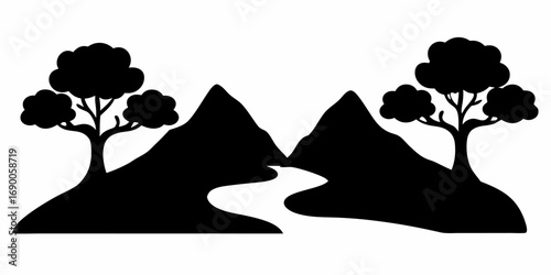 Silhouette landscape featuring mountains with a river flowing between them and trees on either side view | editable eps vectors