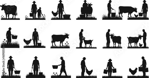 Silhouettes of farmers with bucket, cow, goat, chicken on grass, rural agricultural life, livestock care, animal feeding, farming illustration.