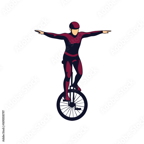 Unicyclist in Red Suit Balancing with Arms Outstretched.