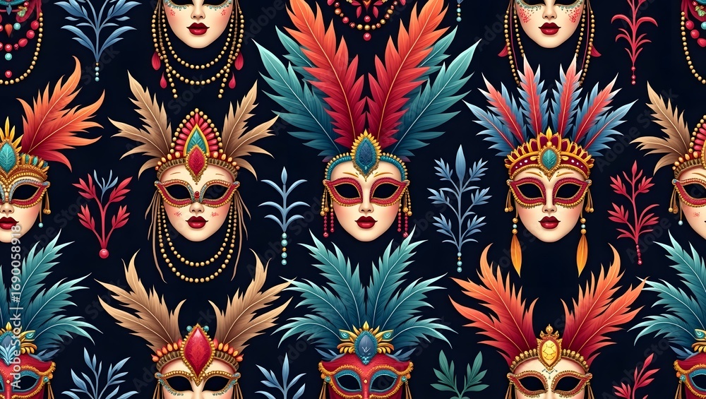 Notting Hill Carnival theme, Pattern of carnival masks, feathers, and beads in seamless vector style. Notting Hill Carnival theme, Pattern of carnival masks, feathers, and beads in seamless vector style.
