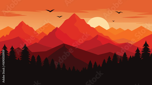 Illustration Mountain Landscape at Sunset with Birds Flying in the Sky