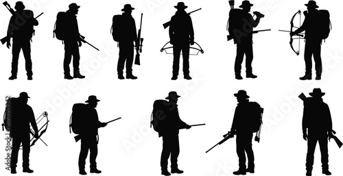 Silhouettes of hunters with weapons, backpacks, and gear in wilderness, survival concept, hunting tools, outdoorsman lifestyle, isolated white background