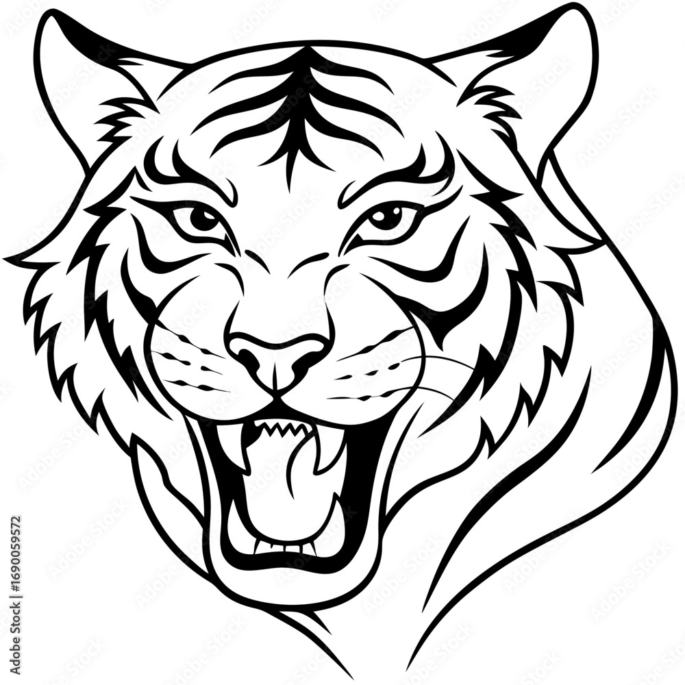Fototapeta premium Roaring Tiger Line Art Vector Bold Wild Animal Silhouette Drawing