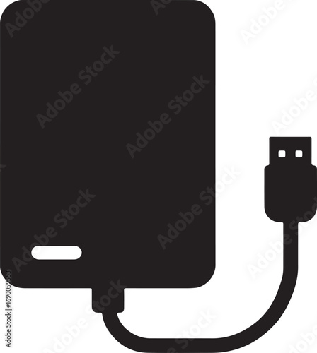 Black silhouette of a portable power bank with a usb cable silhouette