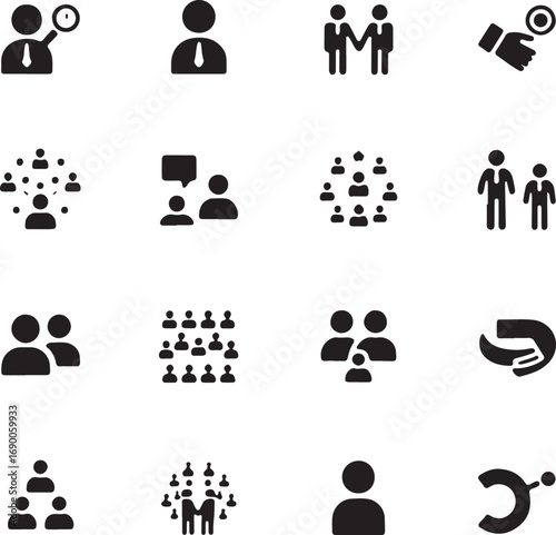 A business people icons set, featuring diverse silhouettes and symbols, is a useful vector illustration for web and management design