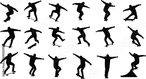 Silhouettes of skateboarders performing tricks and jumps, street style skateboarding, urban sport action, freestyle movement, skate park performance