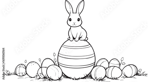 Cute Easter Bunny Sitting on Decorated Egg with Surrounding Eggs in Line Art Illustration