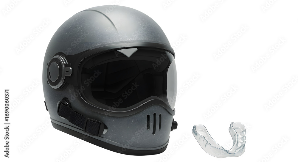 Fototapeta premium SPORT - Black motorcycle helmet with dark visor and clear mouth guard isolated on white background, protective gear for riding