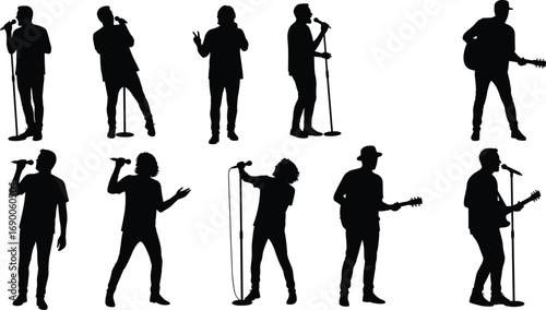 Singer silhouettes performing with microphone, musicians with guitar, concert stage illustration, live music performance, rock band, entertainment show design