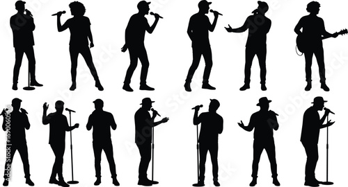 Singer silhouettes performing, male and female artists, microphone stand, guitar player, music concert illustration, live performance, entertainment show, band stage