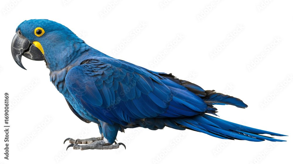 Obraz premium Hyacinth Macaw Parrot Isolated on White Background, Vibrant Blue Tropical Bird Profile for Wildlife and Nature Design