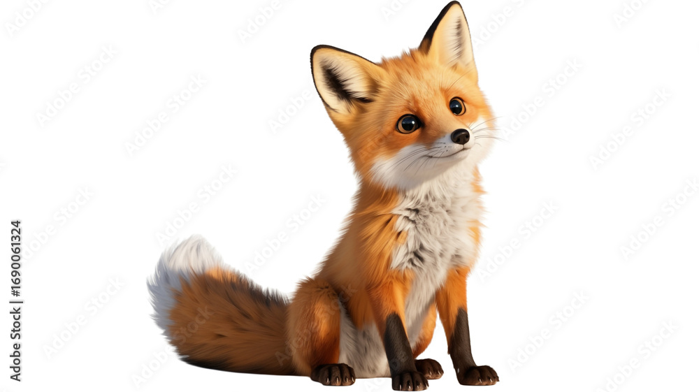 Fototapeta premium Cute Baby Red Fox Character Sitting and Smiling, 3D Rendered Animal Illustration Isolated on White Background for Children's Design