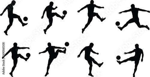 Soccer player silhouette, football man kicking ball, athlete action pose, sports training illustration, black silhouette people, soccer game dynamic movement