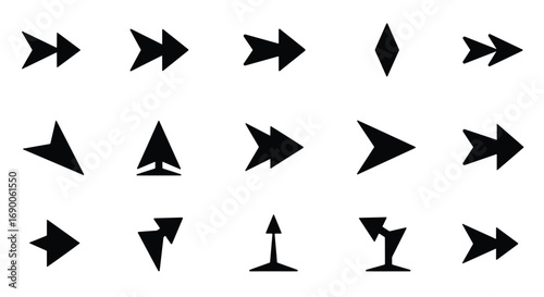 Collection of various black arrow icons pointing right, showcasing different shapes and styles.