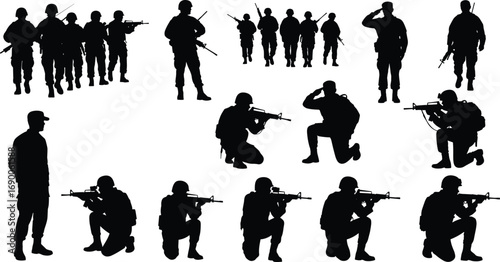 Soldier silhouettes in action, army troops with rifles, military combat poses, tactical training, war defense, armed forces illustration, battlefield scene