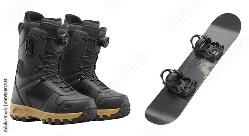 SPORT - Black snowboarding boots and snowboard isolated on white background, winter sports equipment for snowboarding enthusiasts