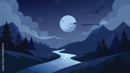 Illustration of River Landscape at Night with Moon, Clouds and Mountains
