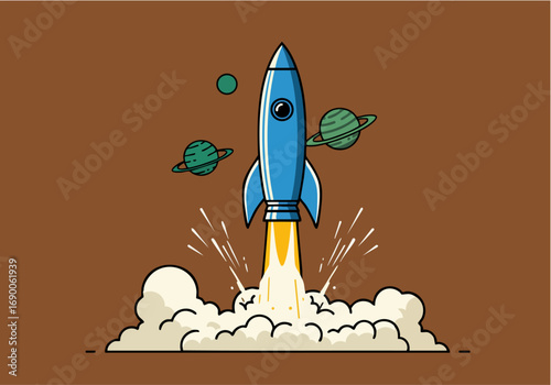 Blue Rocket Launching with Planets Graphic Illustration