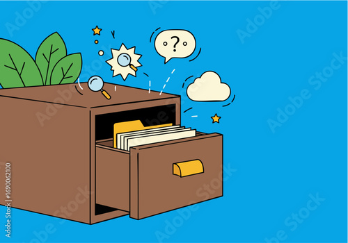 Information management illustration with filing cabinet magnifying glass and cloud
