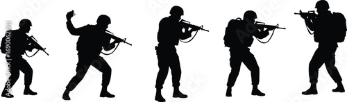 Soldier silhouettes with guns, military combat poses, army action, warfare illustration, tactical operations, armed forces, battlefield soldiers, defense, weapon training