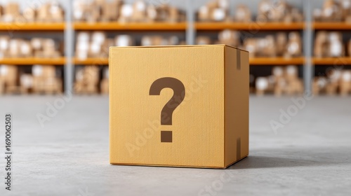 Mysterious cardboard box with question mark symbol in warehouse showcasing uncertainty and curiosity about contents in organized storage environment