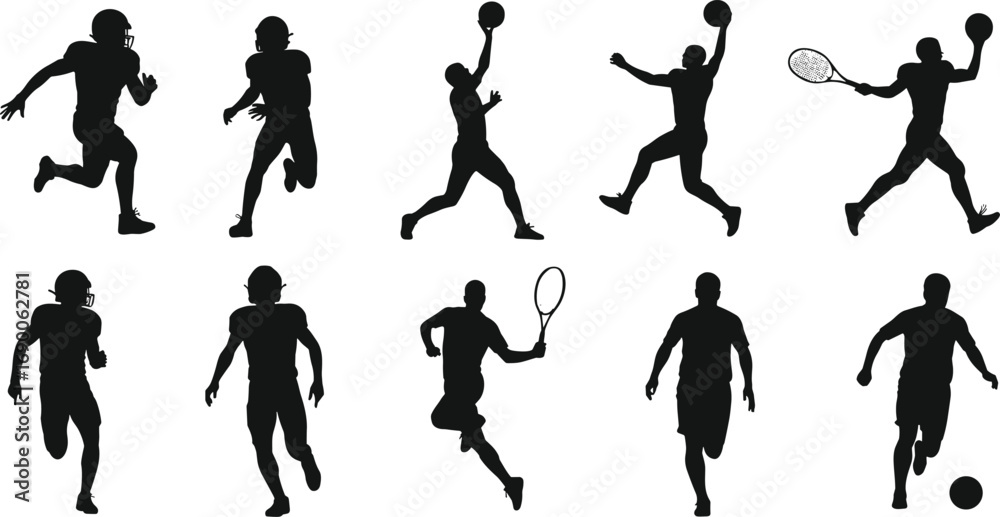 Naklejka premium Sports silhouette, football player, basketball action, tennis athlete, soccer illustration, sportsman vector, running figure, ball game icon, fitness movement