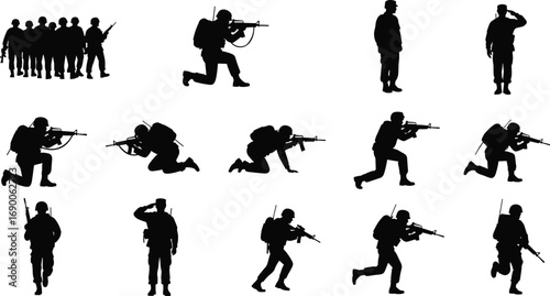 Soldier silhouettes with guns, military combat poses, army troops, tactical training, war action, battlefield defense, rifle soldiers, armed forces illustration