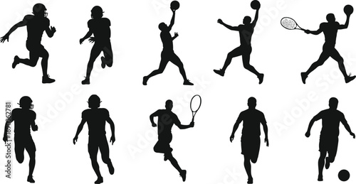 Sports silhouette, football player, basketball action, tennis athlete, soccer illustration, sportsman vector, running figure, ball game icon, fitness movement