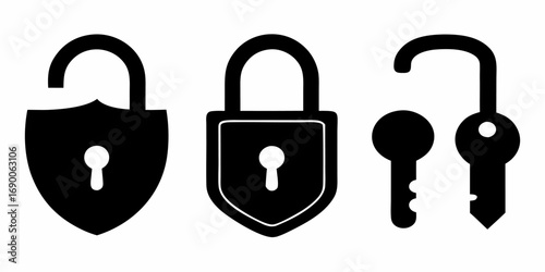 Illustration showing three locks in different states and two keys in black and white security concept | editable eps vectors silhouette
